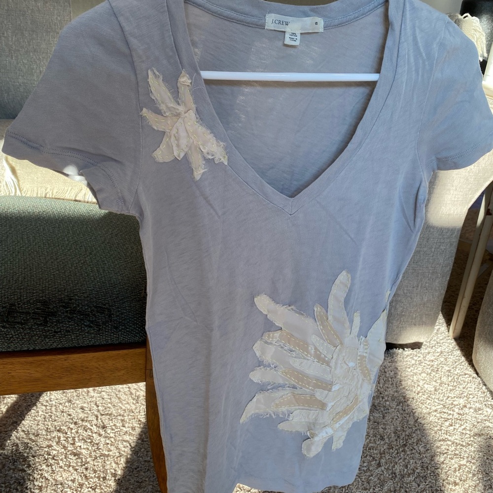 J. Crew Blue with Floral Detail V Neck T